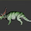 Realistic Green Striped Dinosaur Model Standing With Colorful Head Ornamentation And Horns