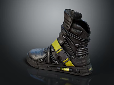High Top Black Leather Shoes With Yellow Straps Side Details And Rubber Sole Design 3d model