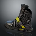 High Top Black Leather Shoes With Yellow Straps Side Details And Rubber Sole Design