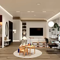 Modern Living Dining Room Interior With Open Layout Beige Sofa Red Armchair And Wooden Flooring