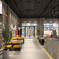 Industrial Style Grill Restaurant With Gray Walls White Sculpture And Yellow Chairs Open Layout
