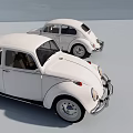 Two Vintage White Beetle Cars Parked In Modern Clean Display Space