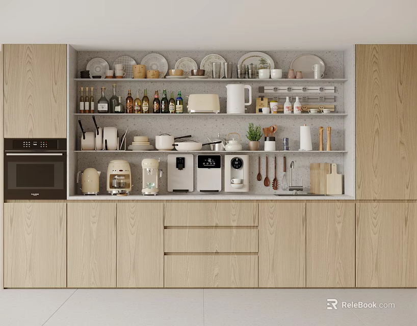 Modern Kitchen With Wooden Cabinets Open Shelves Coffee Machines Cups And Plates 3d model 