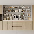 Modern Kitchen With Wooden Cabinets Open Shelves Coffee Machines Cups And Plates