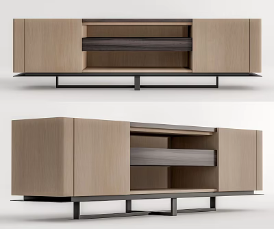 Modern Wooden TV Stand With Open Storage And Metal Legs Design 3d model