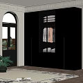 Modern Interior With Black Wardrobe Glass Door Arched Window Wooden Floor And Green Plant
