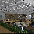 Spacious Public Office Space With Long Wooden Tables Ergonomic Chairs Open Bookshelves And Pendant Lights