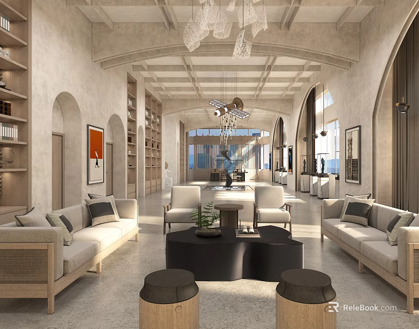 Hotel Lobby Interior Design With Arched Ceilings Chandeliers Sofas Chairs Bookshelves And Large Windows 3d model 