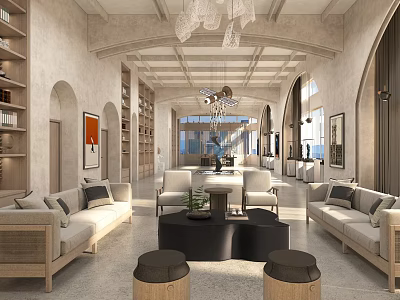 Hotel Lobby Interior Design With Arched Ceilings Chandeliers Sofas Chairs Bookshelves And Large Windows 3d model