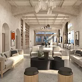 Hotel Lobby Interior Design With Arched Ceilings Chandeliers Sofas Chairs Bookshelves And Large Windows