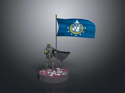 Armored Game Character with Cloak and Blue Flag Featuring Emblem Stars on Skull Decorated Base 3d model