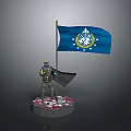 Armored Game Character with Cloak and Blue Flag Featuring Emblem Stars on Skull Decorated Base