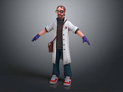 3D Biologist Character in White Lab Coat Purple Gloves Brown Bag Blue Jeans Red Sneakers 3d model