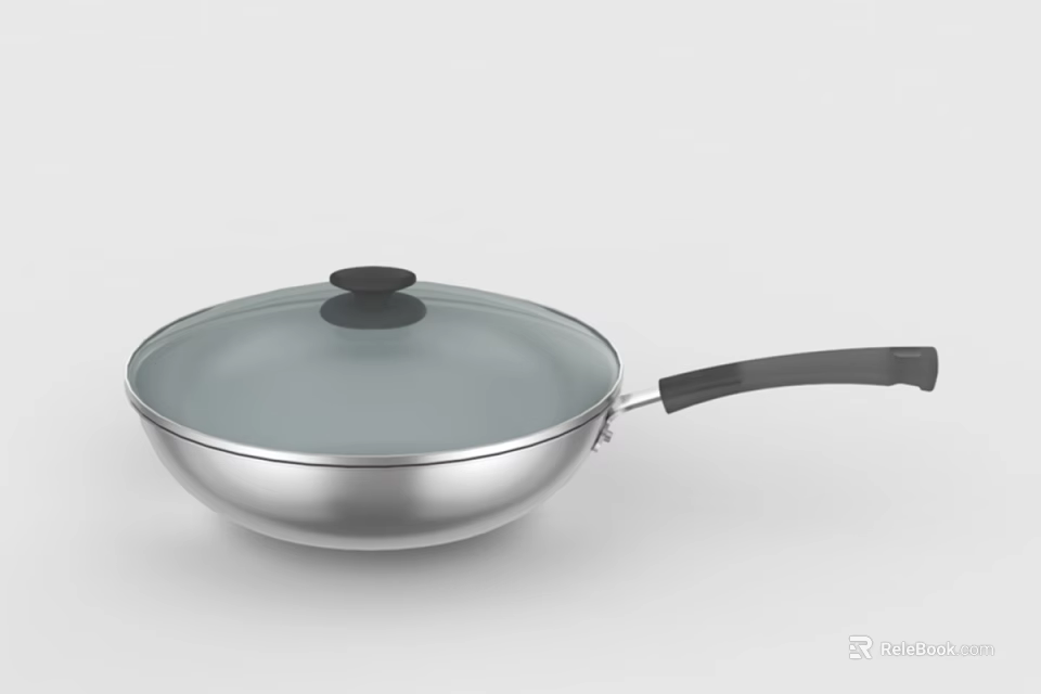 Stainless Steel Frying Pan With Transparent Glass Lid And Black Handle For Cooking 3d model 