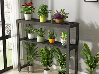 Indoor Garden Decor Multi-tiered Plant Stand Holding Various Colorful Potted Plants 3d model