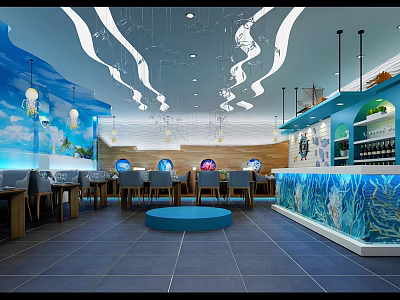 Blue Themed Restaurant Interior With Wavy Ceiling Round Windows And Blue Bar Counter 3d model