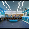 Blue Themed Restaurant Interior With Wavy Ceiling Round Windows And Blue Bar Counter