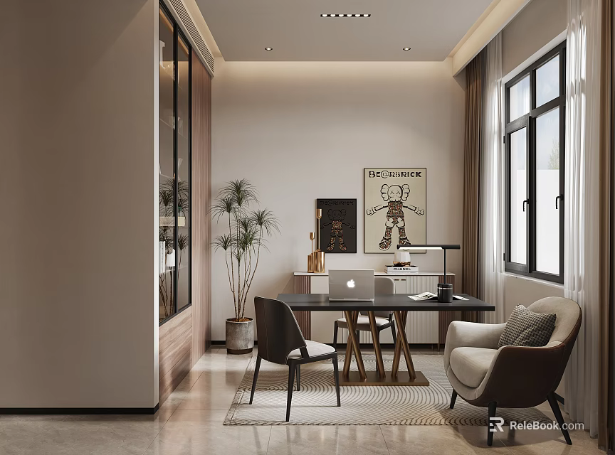 Modern Study Room Interior With Desk Chair Potted Plant And Artworks 3d model 