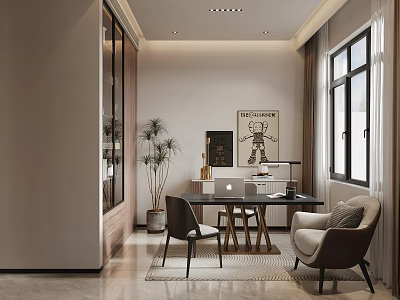 Modern Study Room Interior With Desk Chair Potted Plant And Artworks 3d model