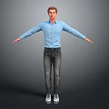 Man in blue shirt dark jeans and white sneakers with arms outstretched against gray background