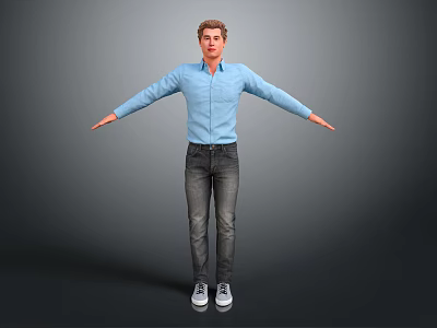 Man in blue shirt dark jeans and white sneakers with arms outstretched against gray background 3d model