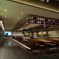Modern Restaurant Interior With Green Plant Wall Neon Sign Wooden Decor And Tables