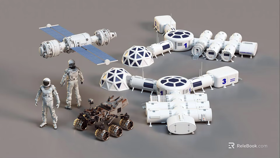 Dome Shaped Space Station Modules With Astronauts And Rover For Lunar Base 3d model 