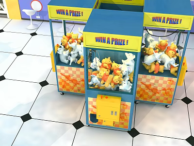 Colorful Indoor Claw Machine Amusement Equipment With Win A Prize Sign And Stuffed Toys 3d model