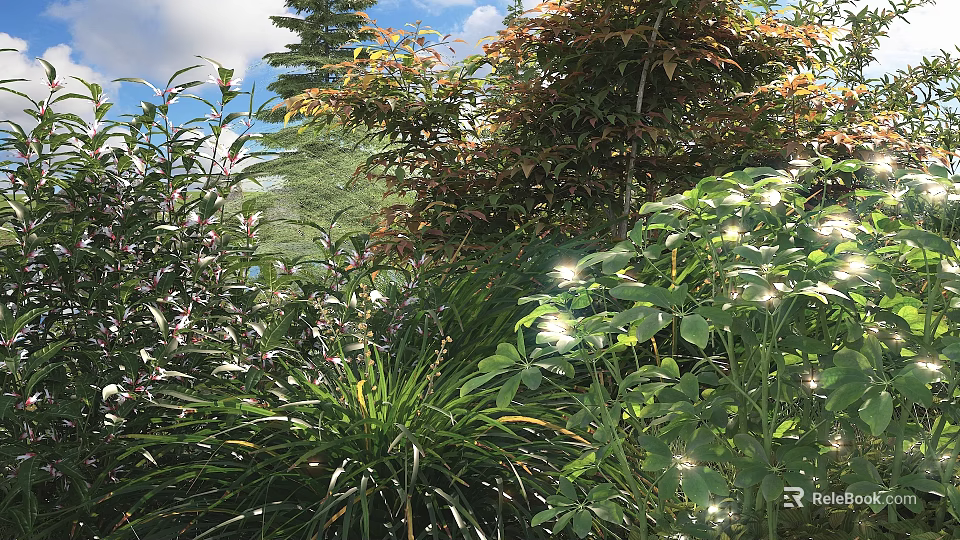 Sunlit Outdoor Garden With Various Shrubs Having Diverse Green Red Glossy Leaves Under Blue Sky 3d model 