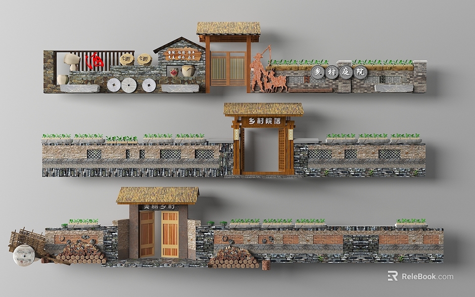 Traditional Rural Fences With Thatched Roofs And Stone Walls 3d model 