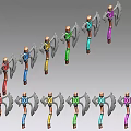 Multiple Axes With Different Colored Handles As Decorative Or Game Weapon Designs