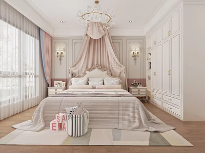 Cozy Kids Bedroom With Canopy Bed Chandelier Bedside Tables Curtains And Wooden Floor Rug 3d model