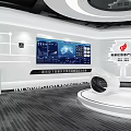 Modern Exhibition Hall With White Wall Circular Displays Digital Screens And Control Consoles