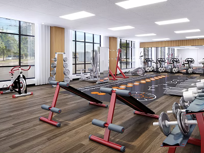 Spacious Fitness Gym With Workout Equipment Large Windows And Wooden Floors 3d model