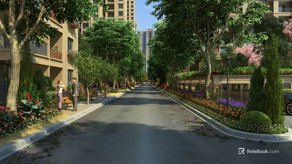 Scenic Municipal Road With Lush Trees Green Belts And Residential Buildings 3d model 