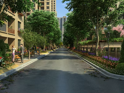 Scenic Municipal Road With Lush Trees Green Belts And Residential Buildings 3d model