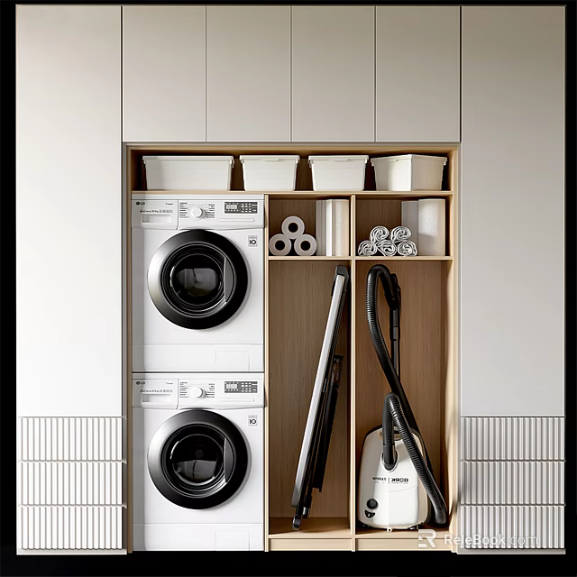 Modern Bathroom Cabinet Rack With Washing Machine Dryer Toilet Paper Rolls And Vacuum Cleaner Storage 3d model 