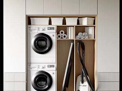 Modern Bathroom Cabinet Rack With Washing Machine Dryer Toilet Paper Rolls And Vacuum Cleaner Storage 3d model