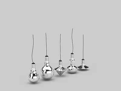 Five Different Shaped Silver Pendant Lights Hanging Against Gray Background 3d model