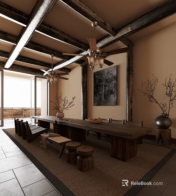Traditional Tea Room Interior With Wooden Long Table Ceiling Fans Decorative Painting And Branch Decorations 3d model 