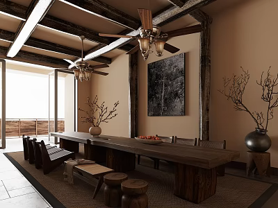 Traditional Tea Room Interior With Wooden Long Table Ceiling Fans Decorative Painting And Branch Decorations 3d model
