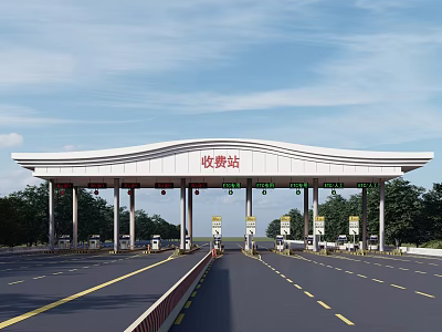 Highway Toll Station With Multiple Lanes Covered Roof And Trees Under Blue Sky 3d model