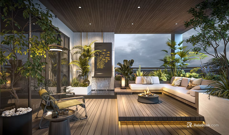 Modern Home Balcony Design With Wooden Deck Sofa Green Plants And Decorative Lighting 3d model 