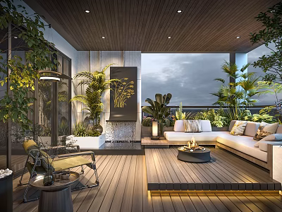 Modern Home Balcony Design With Wooden Deck Sofa Green Plants And Decorative Lighting 3d model