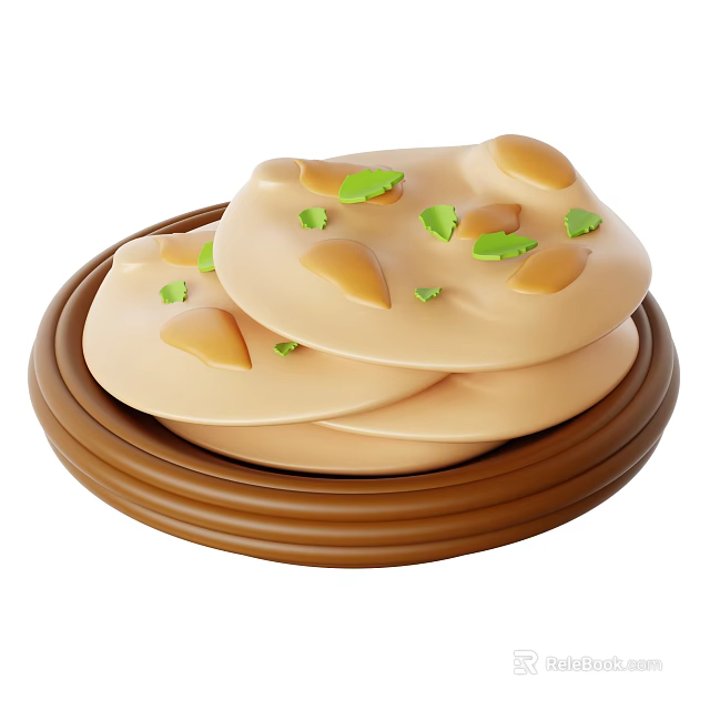 Three Stacked Flatbreads With Green Herbs And Yellow Sauce On Brown Plate 3d model 