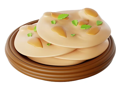 Three Stacked Flatbreads With Green Herbs And Yellow Sauce On Brown Plate 3d model