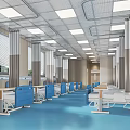 Spacious Bright Hospital Ward With Blue Beds White Ceiling And Curtains