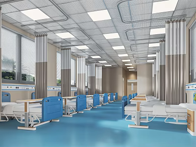 Spacious Bright Hospital Ward With Blue Beds White Ceiling And Curtains 3d model