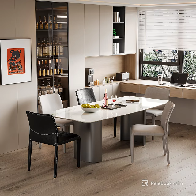 Modern Restaurant Dining Area With White Table Black Gray Chairs Wine Cabinet And Natural Light 3d model 