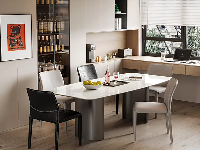 Modern Restaurant Dining Area With White Table Black Gray Chairs Wine Cabinet And Natural Light 3d model